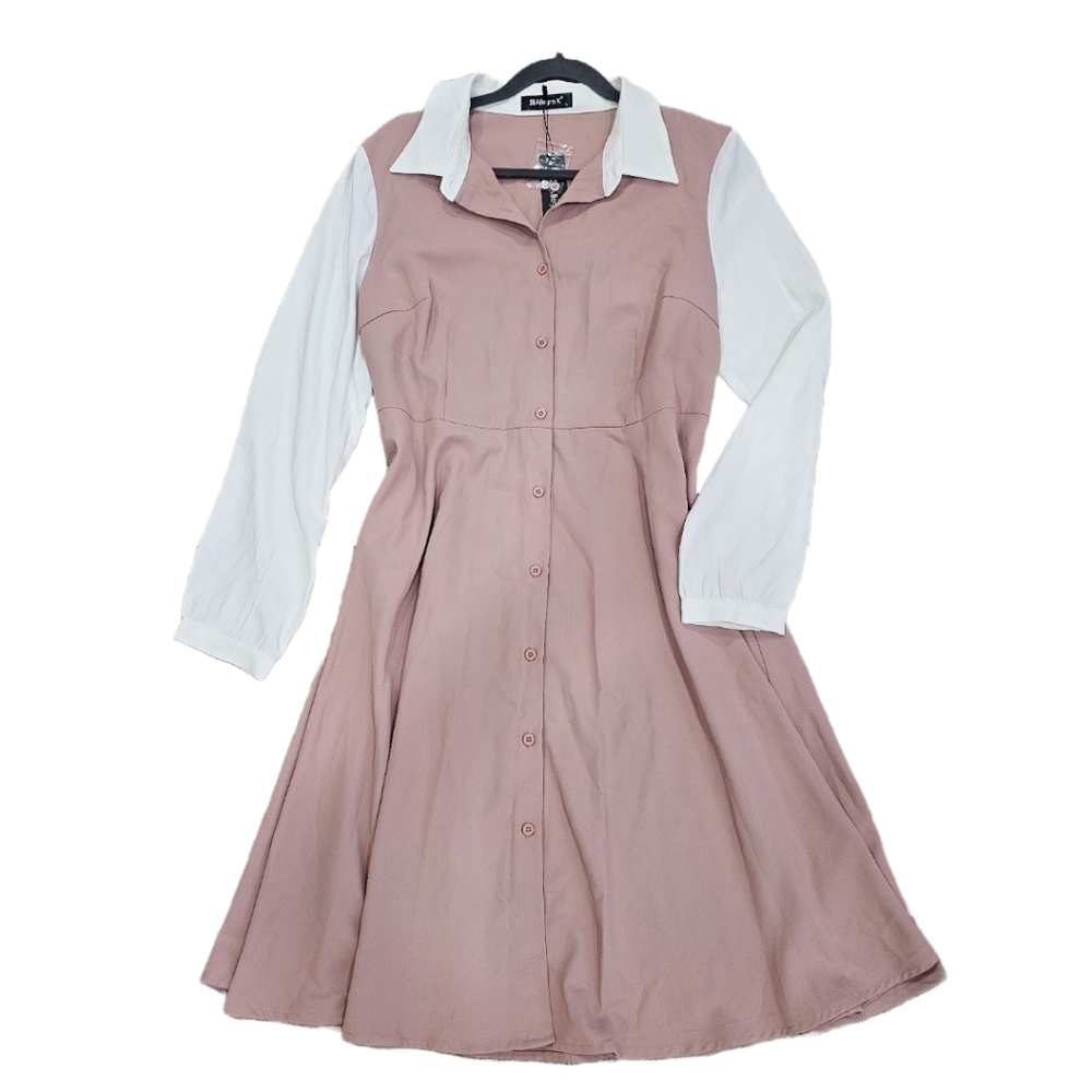 Allegra K Women's Button Front Dress Long Sleeve Contrast Collar Shirt Dress